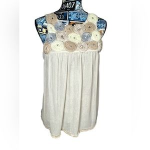 Eci New York Sleeveless Blouse with Tulle Floral Embellishments